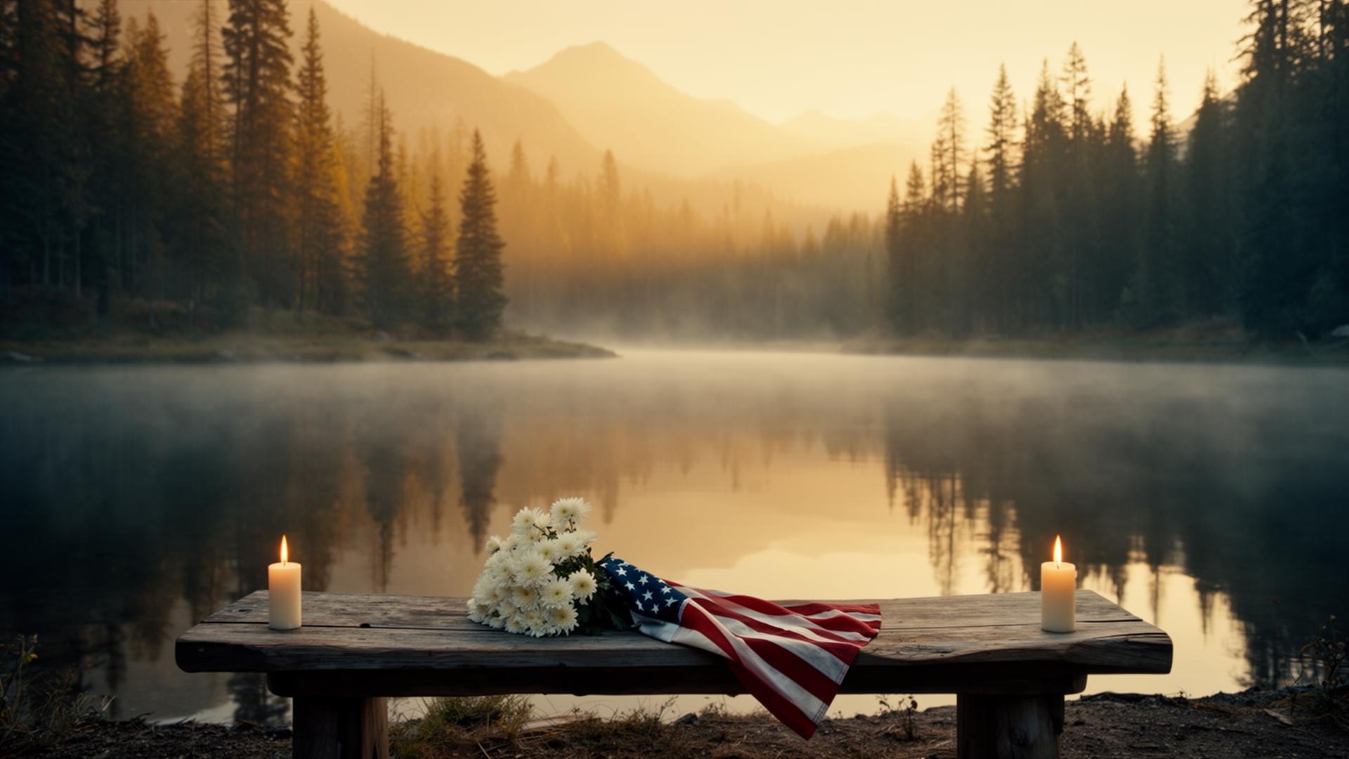 A still mountain lake at sunrise, with a wooden bench holding white memorial flowers, a softly folded flag, and two quiet candles.
